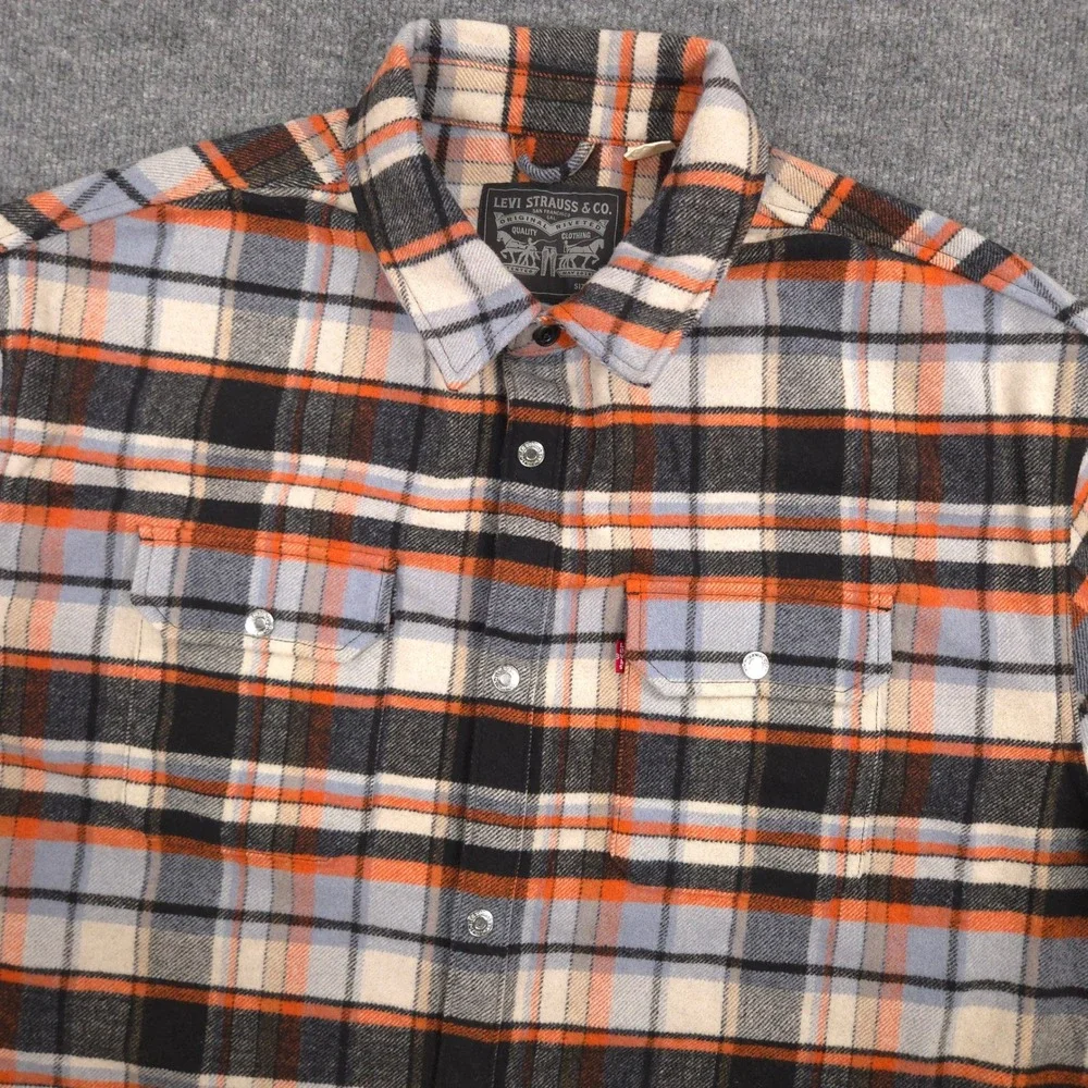 Levis Flannel‎ Shirt Jacket Mens XL Orange Plaid Wool Blend Oversized Shacket